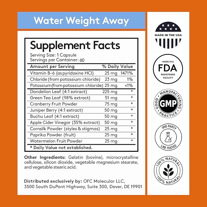 Youth & Tonic Natural Water Weight Away – Herbal Diuretic Pills for Bloating, Water Retention & Swelling Support for Women & Men – 60 Caps with Dandelion, Potassium, Green Tea & Apple Cider Vinegar