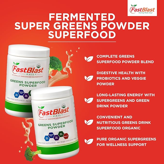 Organic Super Greens Powder with Over 30 Superfoods, Daily Greens Supplements with Probiotics, Fermented Superfood Powder, Low Cal Supergreens - 180g (6.3 oz)