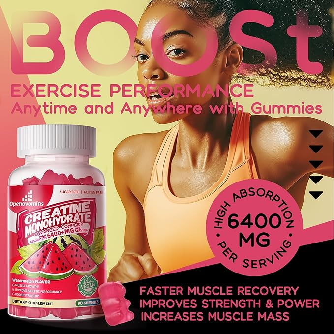 Creatine Monohydrate Gummies Complex for Men & Women -Advanced Formula W/L-Taurine + Vitamin B12, Sugar Free Chewable Supplement,90 Watermelon Gummies