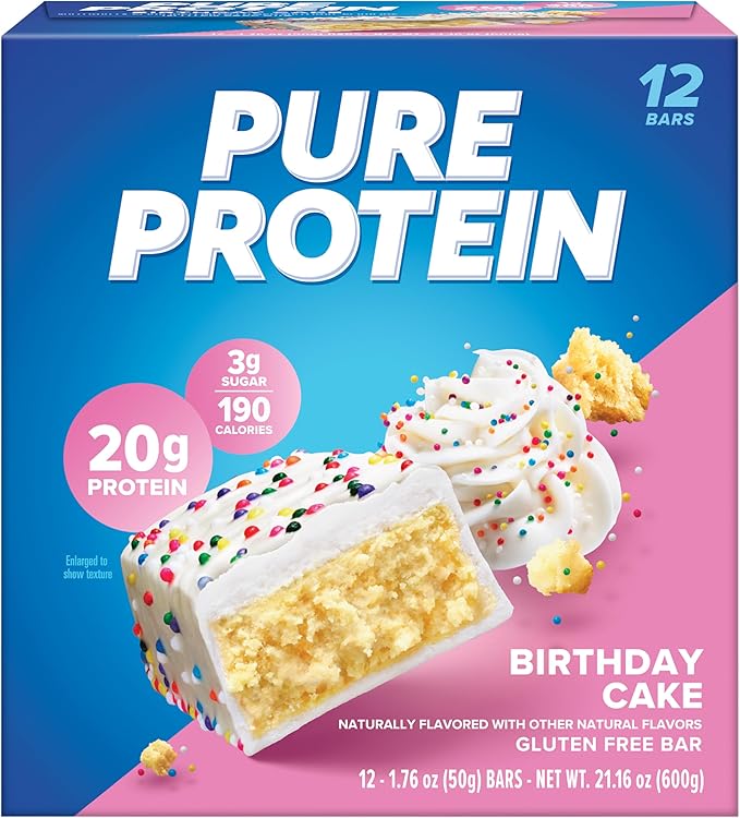 Pure Protein Bars, High Protein, Nutritious Snacks to Support Energy, Low Sugar, Gluten Free, Birthday Cake, 1.76 oz, Pack of 12 (Packaging May Vary)