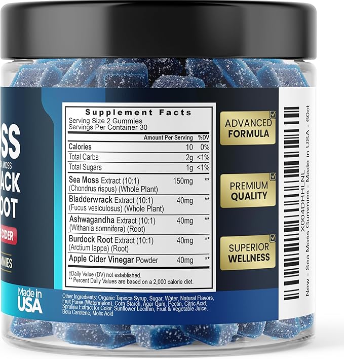 Vitamax Irish Sea Moss Gummies, Sea Moss, Bladderwrack, Ashwagandha, Burdock Root, ACV - Multi-Mineral - Non-GMO and Vegan – Made in USA – 60ct