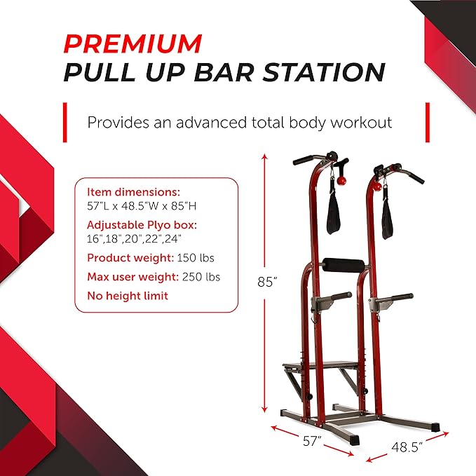 Stamina Power Tower - Dip Bar Pull Up Bar Station with Smart Workout App - Dip Bars for Home Workout - Up to 250 lbs Weight Capacity