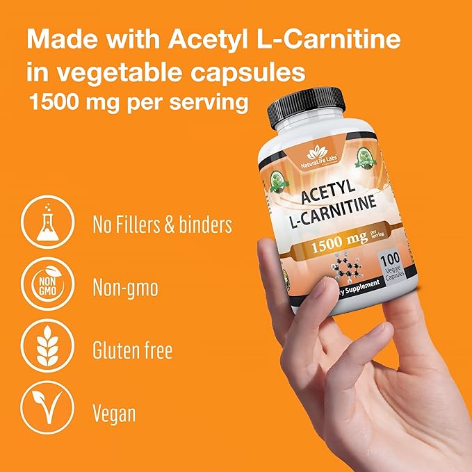 Acetyl L-Carnitine (ALCAR) 1500 mg per Serving – 100 Capsules – Non-GMO, Gluten-Free, Vegan