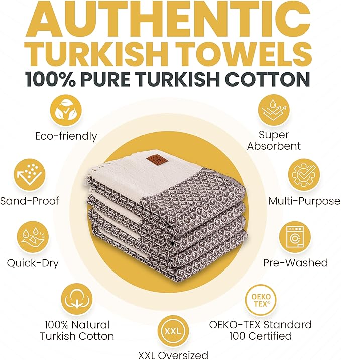 Gold CASE Turkish Beach Towel Set of 4 – 100% Cotton Large Turkish Bath Towels 67 x 38'' – Helen Extra Large, Quick Dry & Sand Free Towels – Peshtemal for Pool – Brown