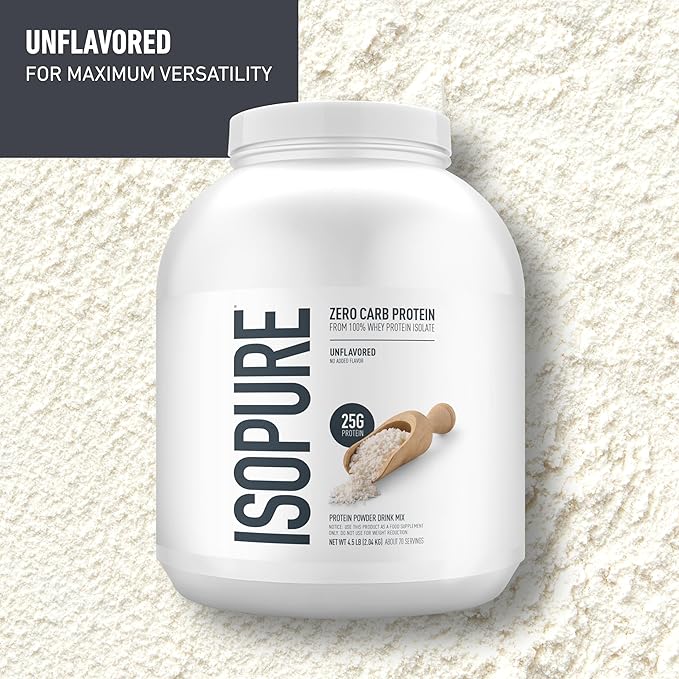 Isopure Zero Carb 100% Pure Whey Isolate Protein Powder, Lactose Free, Gluten Free, with Vitamins, Unflavored, 25g Protein Per Serving, 4.5 Lbs, 50 Servings (Packaging May Vary)