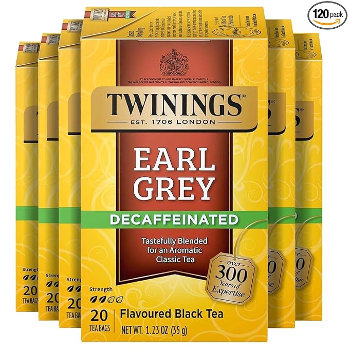 Twinings Decaffeinated Earl Grey Black Tea Individually Wrapped Bags, 20 Count (Pack of 6), Flavoured with Citrus and Bergamot, Enjoy Hot or Iced, 120 Teabags