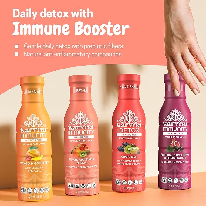 Karviva Organic Detox Juice Cleanse & Immunity Boost, Ancient Remedies for Gentle Detox & Restore Digestion, Prebiotics, Vitamin C, D & Marine Collagen, Low-Sugar, Gluten-Free, 1 to 3 Day Use, (6 BPA-Free Bottles, 12 oz Each)