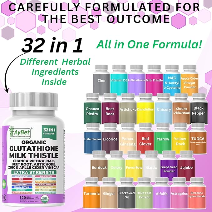 Glutathione NAC Milk Thistle Supplement | Liver Health Support | 32-in-1 Herbal Antioxidant Formula with Chanca Piedra, Turmeric, Dandelion Root, Beet Root & Zinc | Halal Vegan Organic Daily Wellness