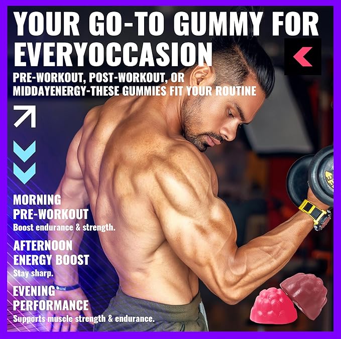 Creatine Monohydrate Gummies (5g) – Pre-Workout Energy & Muscle Growth Support for Men & Women | Blueberry Raspberry Electrolyte Gummies (135 Count)