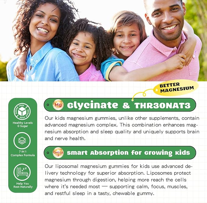 Liposomal Kids Magnesium Gummies- Magnesium Glycinate Gummies for Kids Supplement-w/Omega-3, Vitamin B6, D3- Support Calm Stress Relief, Bones, Mood, Green Apple & Kiwi Flavor, 60 Count