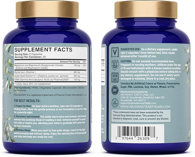 Abundant Earth Natural Sleep Aid for Adults Minding Down Sleep Support Supplement Max Strength Deep Sleep Supplement Without Melatonin to Calm & Restore The Sleeping Cycle + Magnesium, GABA 60ct