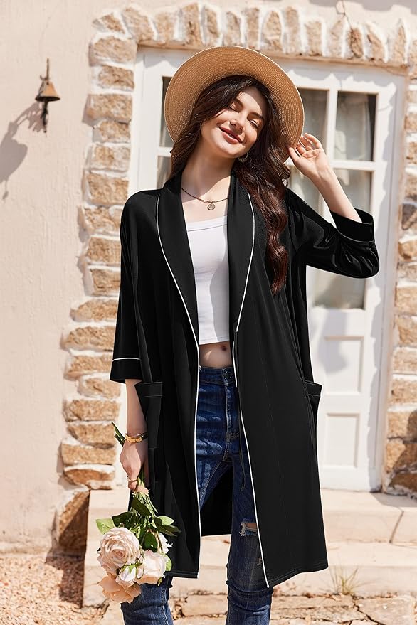 Ekouaer Women Robes Shawl Collar Bathrobe Short Kimono Robe Soft Knit Bathrobes Ladies Sleepwear with Pockets S-XXL