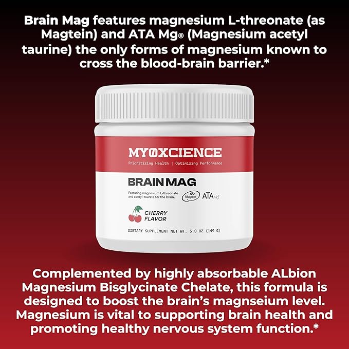 Brain Mag Magtein Magnesium L-threonate | Supports Brain Health w/Magnesium Glycinate 60 Servings (Cherry)