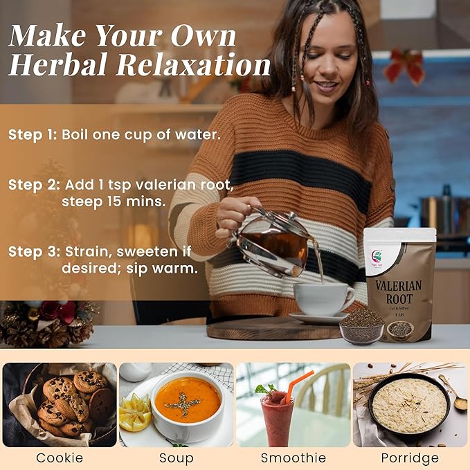 Valerian Root 1 LB, Cut & Sifted, 100% Natural & Pure, for Tea & Herbal Blends, Naturally Strong Aroma, Resealable Bag for Freshness - By Yogiโs Giftยฎ