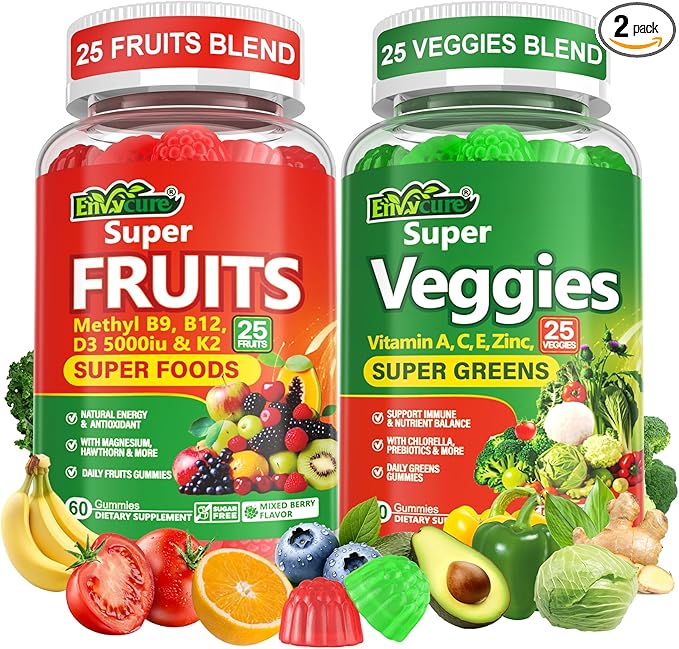 Super Greens Gummies, Daily Green Superfood Supplement w/Spirulina, Chlorella, Mushrooms, Probiotics, Multivitamins, 50+ Super Greens & Veggies Gummies to Boost Immunity, Energy & Gut Health, 120cts