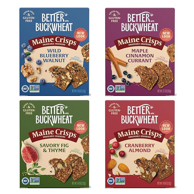 Maine Crisp Variety 4 Pack, Gluten Free Crackers - Snack Crackers, Grain Free, Non-GMO - Cranberry Almond, Cinnamon Maple, Savory Fig & Thyme, Wild Blueberry Walnut, For Cheese Boards, Salad Toppings & Jams