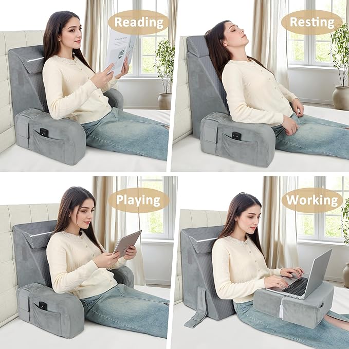 Reading Pillow for Sitting in Bed Adult, Back Pillow for Bed Sitting up, Reading & Bed Rest Pillows for Watching (Gray/Gray)