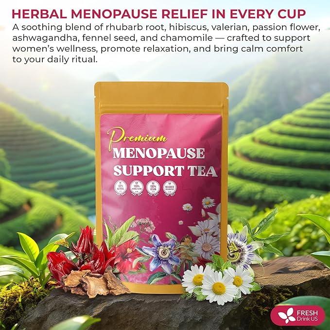 FreshDrinkUS, 40 Tea Bags - Menopause Support Herbal Tea โ Soothing Blend with Rhubarb, Hibiscus, Valerian, Passiflora, Ashwagandha, Fennel & Chamomile, Caffeine-Free, Vegan, Non-GMO