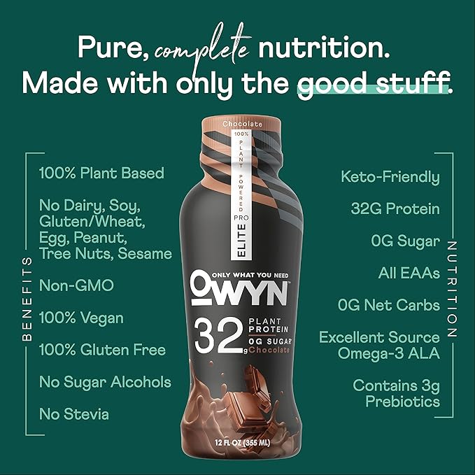 OWYN Only What You Need Pro Elite Vegan High Protein Keto Shake, 32g Protein, 9 Amino Acids, Omega-3, Prebiotics, Superfoods Greens for Workout and Recovery, 0g Net Carbs, Zero Sugar, Chocolate, 12 Fl Oz (Pack of 12)