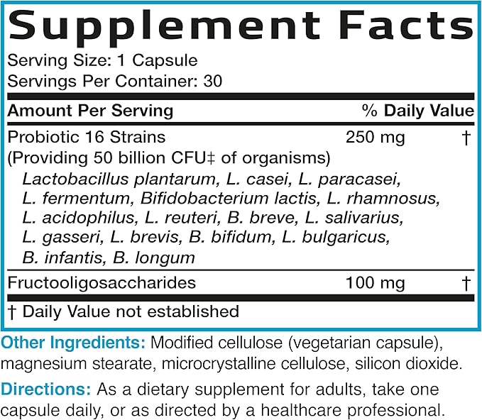 Bronson Once Daily Probiotic 50 Billion CFU Plus Prebiotic Daily Maintenance Formula One Capsule Per Day Non-GMO, 30 Vegetarian Capsules