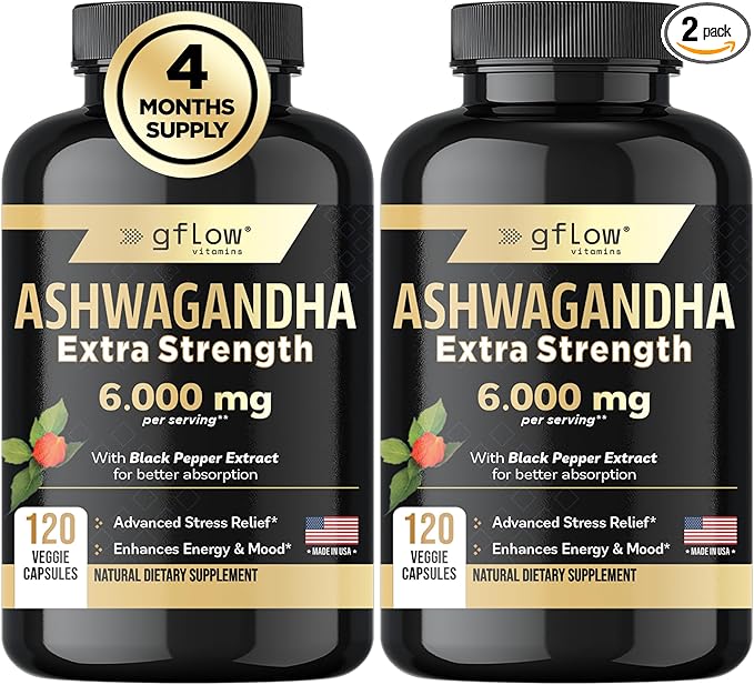 Ashwagandha Supplements for Women and Men 6000mg | Sleep, Mood and Energy Support | Extra Strength, Vegan Friendly, Non-GMO, Made in USA - Pack of 2