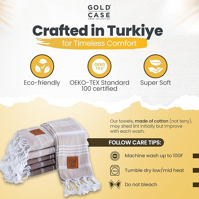Gold CASE Turkish Hand Towels Set of 6 – 100% Cotton Decorative Towels for Bathroom 20 x 40'' – Soft &Quick Dry for Hands, Hair, SPA, Gym & Farmhouse – Elegant Towel Set in Mocha Mousse