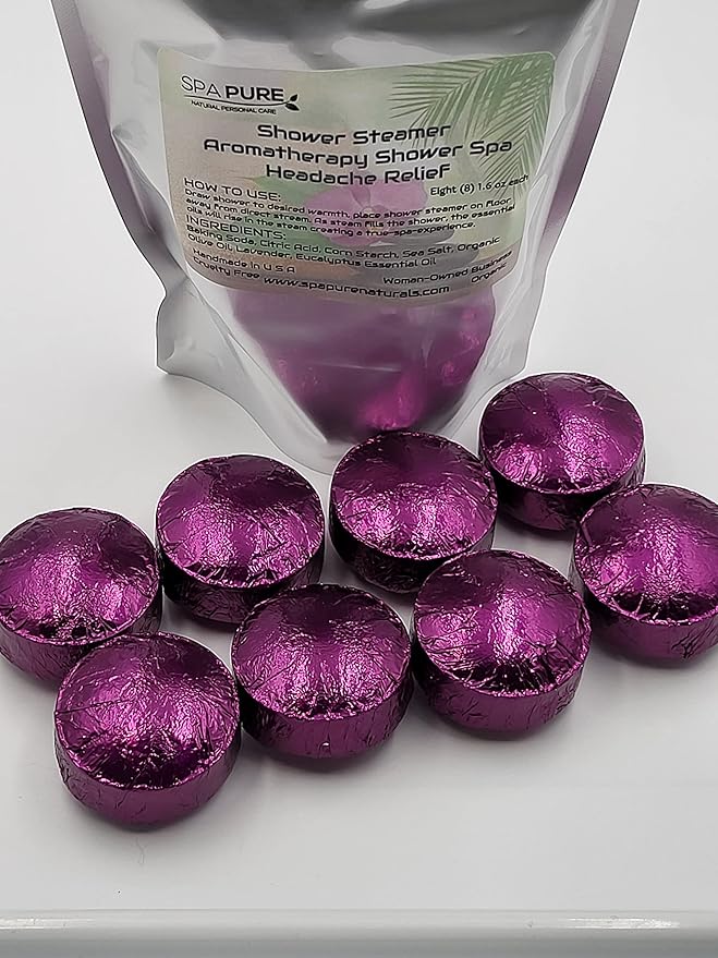 Spa Pure Aromatherapy Shower Steamers: Lavender-Eucalyptus Shower Bomb, Bath Melt, Soothers, USA Made with 100% Natural/Organic Essential Oils - Transform Your Shower (8 Count) Pack of 1