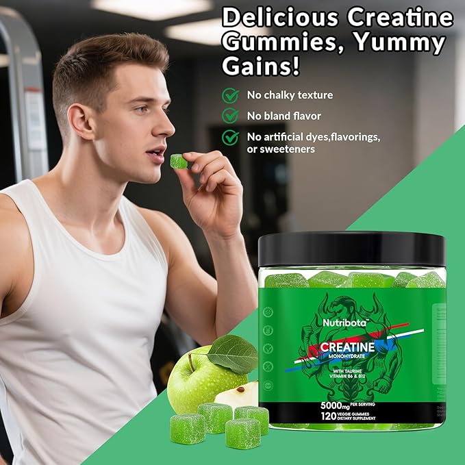 Sugar Free Creatine Monohydrate Gummies 5g for Men & Women, with Taurine, Vitamin B6 & B12, Chewable Creatine Monohydrate Supplement, Natural Apple Flavor, 120 Gummies