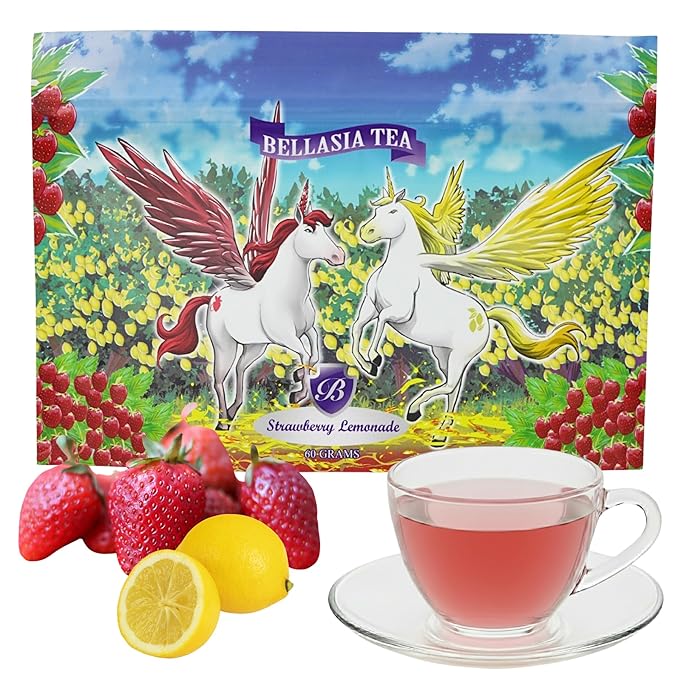 Bellasia Tea Strawberry Lemonade for Kids Using Real Fruit Pieces - Caffeine Free Herbal Tea with Real Ingredients & Balanced Flavor- Add Loose Leaf Tea to Your Child’s Routine for A Fun & Tasty Drink