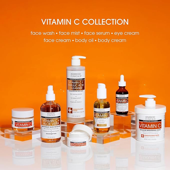Advanced Clinicals Vitamin C Brightening Body Oil For Women & Men | Vitamin C Glow Oil Skin Care Body Moisturizer With Vitamin E + Botanicals To Help Improve Look Of Dark Spots + Dry Skin, 12 Fl Oz