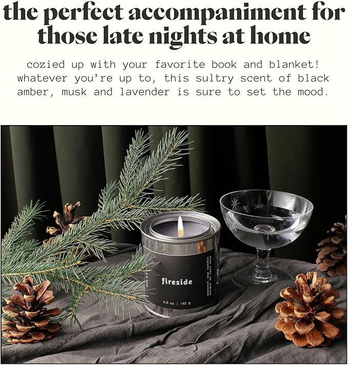 Mala Fireside - Black Amber, Musk and Lavender Candle - Vegan Soy Hand Poured Aromatherapy Candle with 45 Hour Burn - Classic 6.8 oz Size