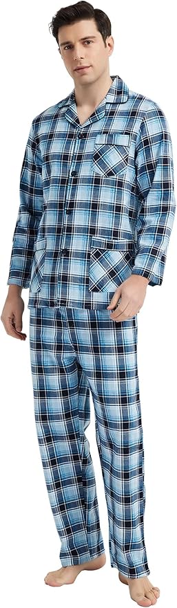 GLOBAL Men's Pajamas Sets 100% Cotton Flannel Sleepwear Long-Sleeve top & Bottom