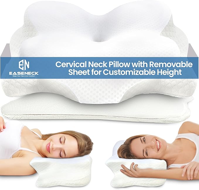 Cervical Neck Pillow for Sleeping, Ergonomic Contour Soft Non Collapsing Memory Foam for Neck and Shoulder Pain Relief, Adjustable Support for Side Back Stomach Sleepers, Cooling Pillowcase
