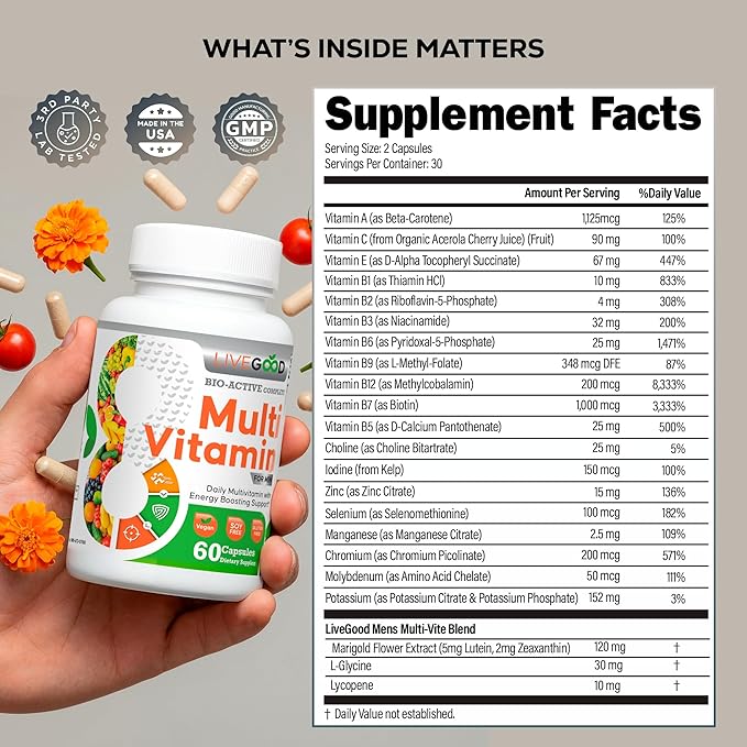 LiveGood™ Men's Bio-Active Complete Multivitamin, Daily Supplement with Vitamin A, B12, C, E, Lycopene, Vegan, 60 Capsules