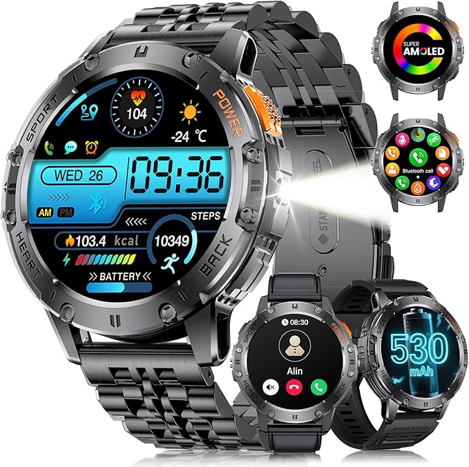 LIGE 1.43" AMOLED Smart Watch for Men with Flashlight, Bluetooth Calling, 100+ Sport Modes, 530mAh, IP68 Waterproof Fitness Tracker for Workout, iOS Android Compatible, Black Steel Leather