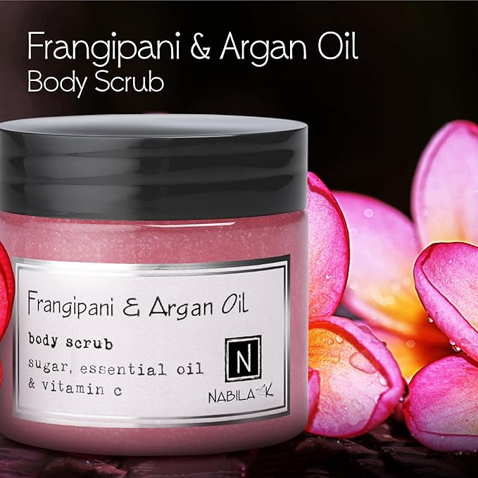 Frangipani & Argan Oil Body Scrub Made in USA with Essential Oil and Vitamin C by Nabila K - Exfoliate and Moisturize for Smooth Skin - Luxury for Women & Men, 10 oz