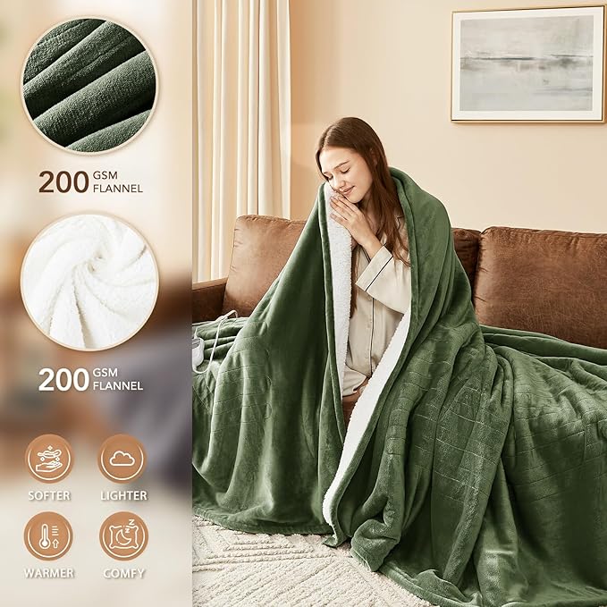 Homemate Electric Heated Blanket Queen - 84"x90" Heating Bed Blankets Throw with 10 Heating Levels 8 Hours Auto Off Fast Heating Over-Heated Protection Ultra Soft Warm Flannel ETL Certified Green