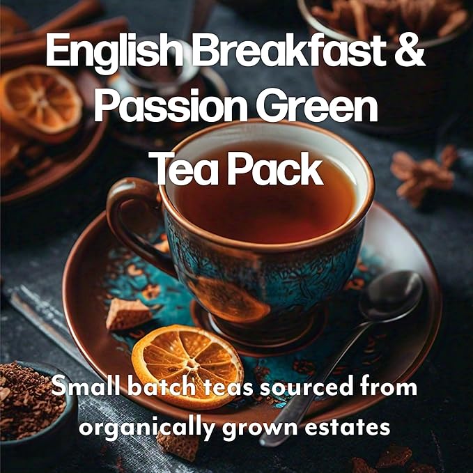 Maud's Organic Passion Green Tea & Organic English Breakfast Black Tea Bundle, 48 ct, Recyclable Single Serve Pods – 100% Gourmet Blended Tea Leaves, Compatible with Keurig K Cups Maker
