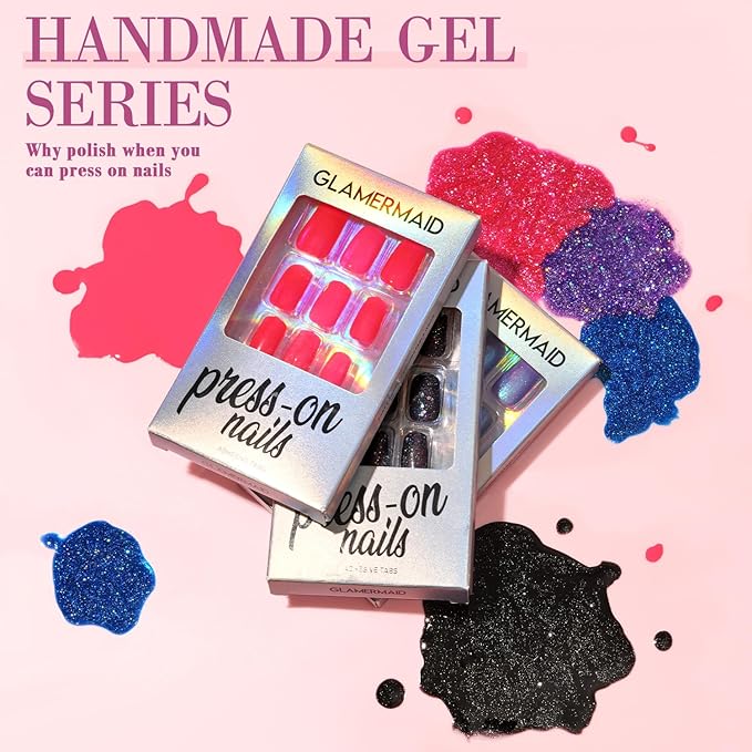 GLAMERMAID French Tip Magnet Cat Eyes Press on Nails Short Almond, Red Handmade Jelly Gel Fake Nail Kit, Rouge Magnetic Glue on Nail Stiletto, Scarlet Medium Oval Stick on False Nail Set for Women