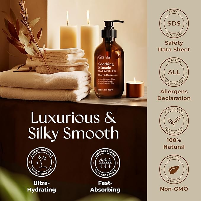 Gya Labs Soothing Massage Oil for Sore Muscles - 6.76 Fl Oz - 100% Pure Natural Spa Quality for All Skin Types - Peppermint & Cinnamon Sore Muscle Massage Oil for Men & Women