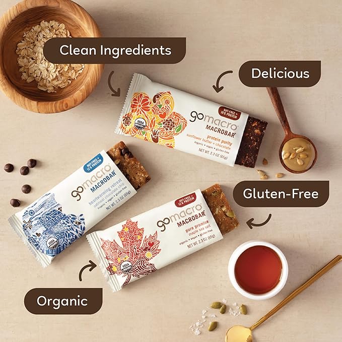 GoMacro MacroBar Organic Vegan Protein Bars, Nut Free Variety Pack, 2.3 Oz, 12 Count
