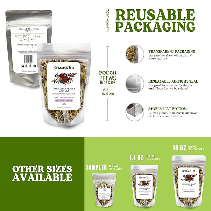 Nelson's Tea Chamomile Honey Vanilla- Caffeine-Free - Herbal Loose Leaf Tea, Curated Blend with Honeybush, Chamomile, Lemongrass, Licorice Root, Toasted Coconut, and Bee Pollen- Bedtime Brew 2.2 Oz