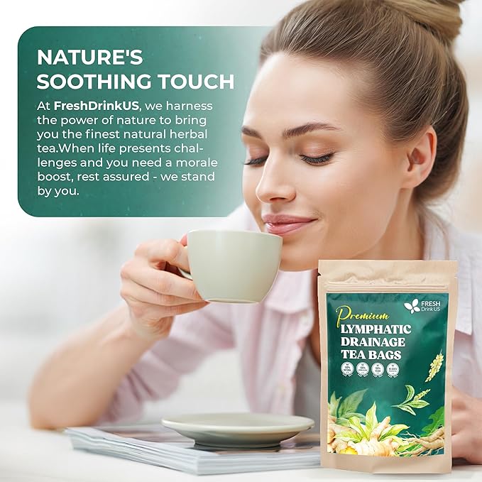 FreshDrinkUS, Lymphatic Drainage Tea | 30 Tea Bags | Herbal Tea Bags with Ginger, Dandelion Root, Burdock Root, Mullein, Calendula, Lemongrass, Rose, Licorice & Tulsi β Caffeine-Free Herbal Blend