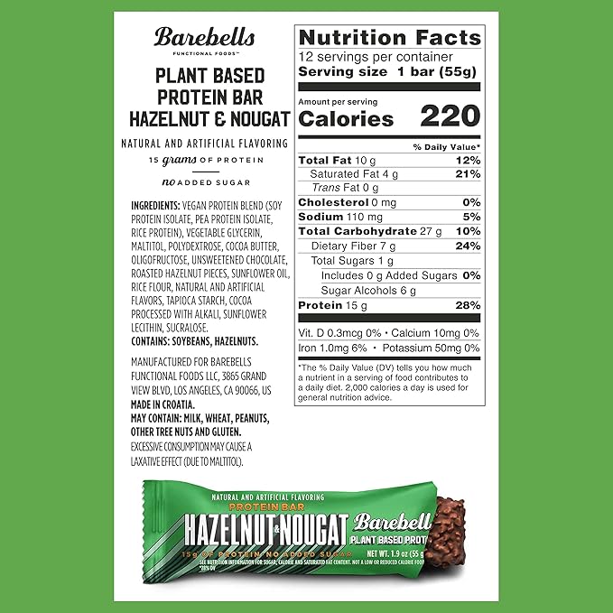 Barebells Vegan Protein Bars Hazelnut & Nougat - 12 Count, Pack of 2 - Plant Based Protein Bar with 15g of High Protein - Chocolate Protein Snacks with 1g of Total Sugars - On The Go Breakfast Bars