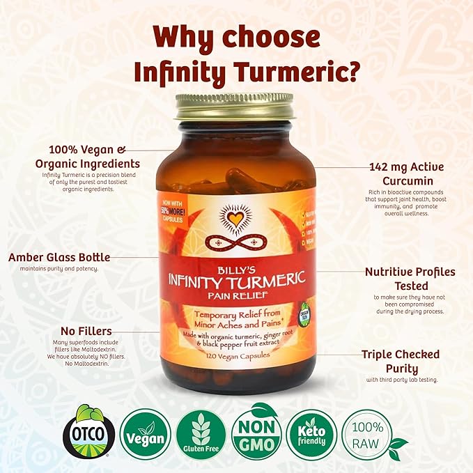 Infinity Turmeric Capsules, High Potency Curcumin Supplement, USDA Certified Organic Supplement with Black Pepper and Ginger, Raw, Vegan Gluten Free