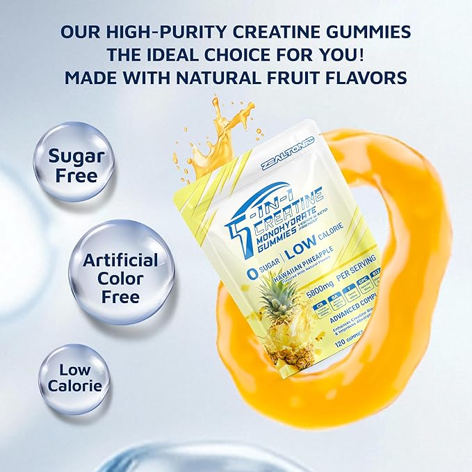 Creatine Monohydrate Gummies 5800mg with Betaine & Alpha GPC | 0 Sugar | Pre Workout Energy Booster for Men & Women | Muscle Growth & Boost Strength & Faster Recovery | (120, Pineapple)