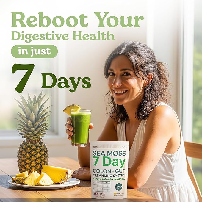Atlantic Naturals Sea Moss 7-Day Colon & Gut Purification - Golden Flax Seeds, Psyllium Husk, Senna Powder, for Women & Men - Pineapple Flavor Drink Mix (14 oz)