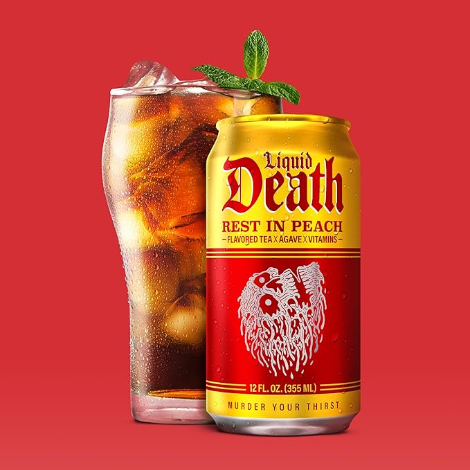Liquid Death, Rest in Peach Iced Tea, 12-Pack (12 oz Cans), Peach Flavored Black Tea, Low Calorie, No Artificial Sweeteners, B12 & B6 Vitamins
