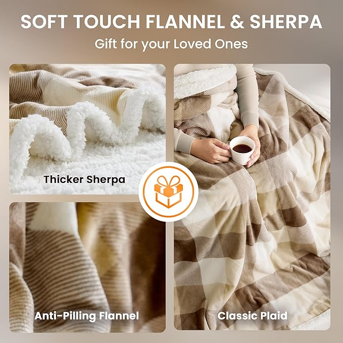 Heated Blanket Electric Throw-50''x60''Ultra Soft Cozy Plaid Flannel Fast Heating Electric Blanket with 10 Heat Levels & 10 Hours Auto Off, ETL Certified, Keep Warm in Couch Bed Office(Khaki)