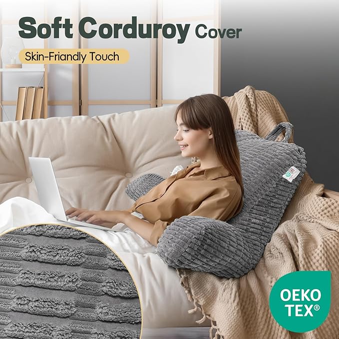 21" Higher Large Reading Pillow for Bed Adult, Back Pillow for Bed Sitting Up with Memory Foam Back Support with Arms Rest for Couch Chair Gray